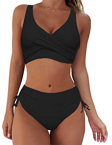 Aomig Bikini Damen, Schwarz Zweiteiler Bikini-sets, Push Up Bikinis Badeanzug für Damen Bauchweg, Bademode Wickeloptik Crossover V Ausschnitt Oberteil Low Rise Triangel Hose Swimsuit (S)