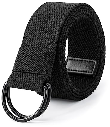 LXMY Gürtel Damen und Herren,Herren Gürtel Ohne Löcher,Stufenlos Verstellbar Canvas Stoff,Schwarzer Doppel D Ringgürtel für Freizeit und Reise