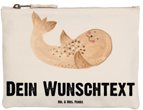 Mr. & Mrs. Panda Personalisierte Kulturtasche Robbe Liegen Größe M - Geschenke, Ostsee, Personalisierter Kulturbeutel, Meerestier, Kosmetiktasche, Schminktäschchen mit Namen, Waschtasche, Strand
