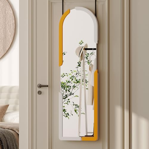 Lvifur Specchio da parete per tutto il corpo, grande, 120 x 37 cm, in legno, decorativo, da appendere, semicircolare, per bagno, camera da letto, spogliatoio (arco bianco arancione)