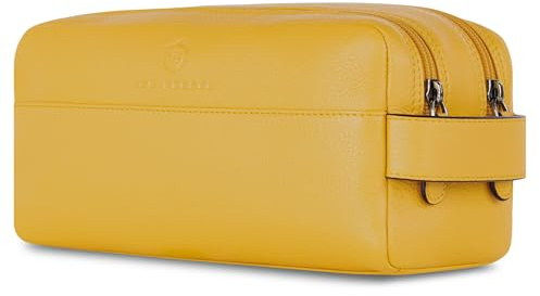 VON HEESEN Kulturbeutel Leder Kulturtasche für Herren & Damen - Echtleder Necessaire ideal zum Reisen - Waschtasche und Kosmetiktasche mit Zwei Hauptfächern gelb, groß