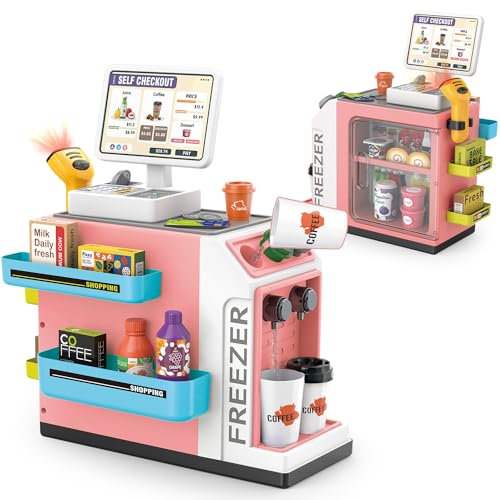 Sotodik 46 Stück Registrierkasse Supermarkt Kasse Elektronische Kasse mit Scanner Registrierkasse Spielkasse mit Lichtern und Sound Rollenspiel für Kinder（Rosa