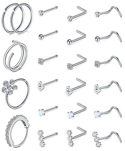 FECTAS 23pcs Nose Rings for Women Nose Bone L Shaped Nose Studs Screw 20G Stainless Steel Nose Ring Piercing Jewellery Set Nose Hoop Rings Silver
