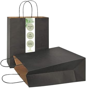 DeinPack 50 Papiertüten 32 x 12 x 41 cm aus Kraftpapier, Papiertüten mit Henkel, Geschenkverpackung, Geschenktüten, Gastgeschenke Tüten, Mitgebseltüten, Geschenktüten Set - schwarze Papier Tüten