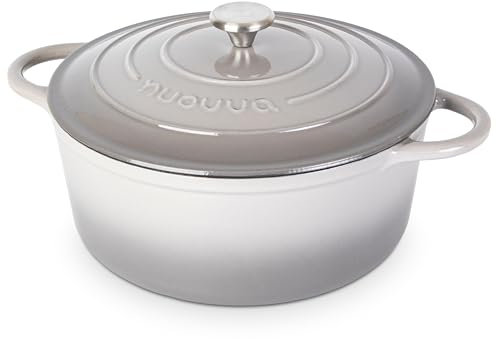 Nuovva Enamelled Cast Iron Dutch Oven Pot with Lid – 7.3 Quart Casserole Dish – Ceramic Dutch Oven for Bread Baking, Roasting, Braising & Stews – Oven Safe up to 500°F – 30cm Light Grey