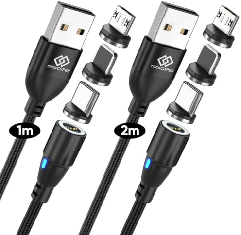 Trescopes 9 Pin Magnetic Fast Charging Cable, [2 Pack], 360° Fixed Heads. Data Transfer. Micro USB, Type C, compatible with all Smartphones. USB C Charger