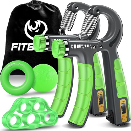 FitBeast Handtrainer Trainingsset (5-teilig), 2 Unterarmgriff Einstellbare Widerstand Handgreifer, Fingerdehner, Griffball & Stressabbau-Griffball für Athleten