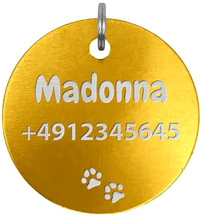 Unikat Branding | Targhetta per cani in confezione singola, per cani, gatti e padroni, personalizzabile, su entrambi i lati con incisione, rotonda, 30 e 35 mm (giallo, 35 mm)