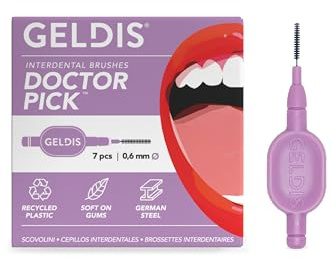 GELDIS Scovolini Dentali Doctor Pick - Scovolino Interdentale per Pulizia Denti, Scovolino Denti per Igiene Dentale, Rimuovi Tartaro Denti, 7 pezzi - Con Cappuccio (Viola, 0,6mm)