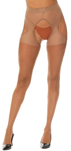 Yilanmy Damen Strapsstrumpfhose Schwarz Offen im Schritt Strumpfhose 15 Den Ouvert Strapsstrümpfe (Braun,L/XL)
