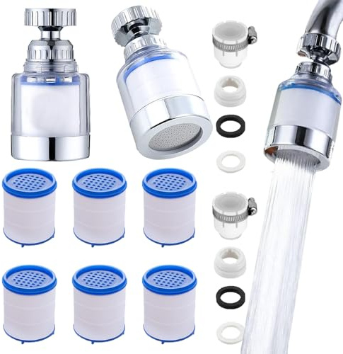 RXKFIGX 2 Stück Wasserfilter Wasserhahn,Wasserfilter Wasserhahn mit 6 Stück Baumwollfilterelement,360° Drehbar Wasserhahn Verlängerung für Home Badezimmer Küche Spüle