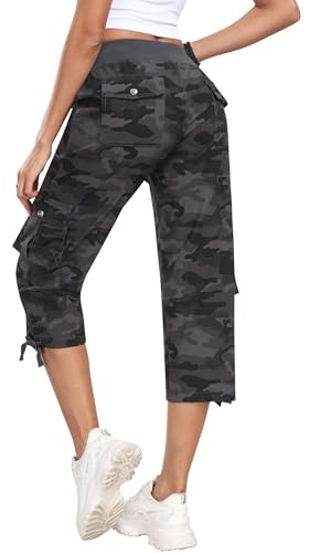 MoFiz Women Capri Pants 3/4 Cropped Trouser Hiking Cargo Pant Camo Grey L