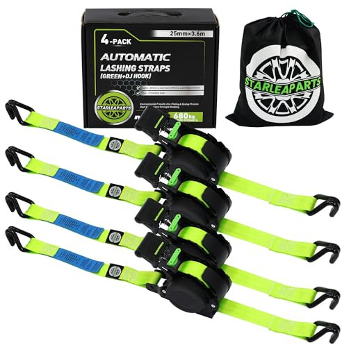 StarLeaparts 4 Stück Automatik Spanngurt mit J Haken, Automatischer Spanngurtaufroller 3,6 m x 25mm, 340KG/680KG, Einziehbare Spanngurte mit Ratsche für Motorrad, Kajak und LKW, Grün