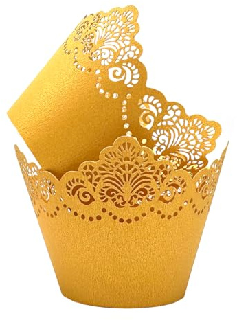 KOSTOO 50 Stück Cupcake-Förmchen mit Aushöhlung, Kronen-Backpapier-Spitze, lasergeschnitten, Backförmchen-Umhüllung, Muffin für Hochzeit, Party, Geburtstag, Dekoration (Gold)