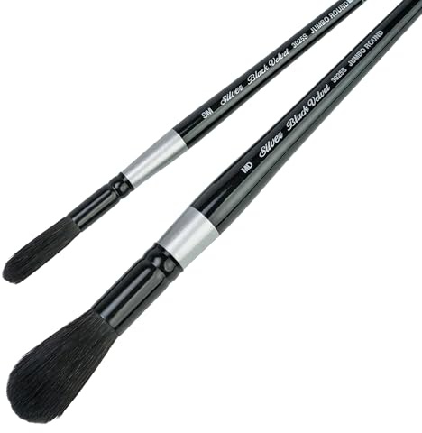 Silver Brush Limited BV-3059S - Juego de 2 trapeadores redondos de terciopelo negro, mango corto pequeño y mediano para acuarela, gouache, tintes y pintura de seda, filamento mixto con puntas muy