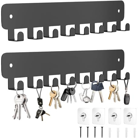 Keboyoe 2 Stück Schlüsselbrett Schlüsselbrett Metall mit 8 Haken Multifunktionales Schlüsselhalt Hakenleiste Wandmontage Schlüsselhalter für Flur Schlafzimmer Bad Küche Wohnzimmer(Schwarz)