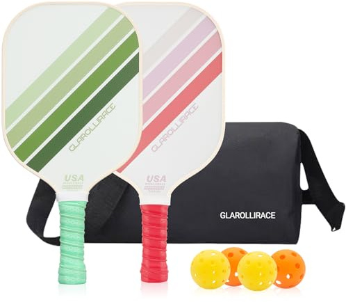Lot de 2 raquettes de pickleball en fibre de verre, approuvées par l'USAPA, surface en fibre de verre et noyau en nid d'abeille en polypropylène, poignée respirante, 4 balles d'intérieur et