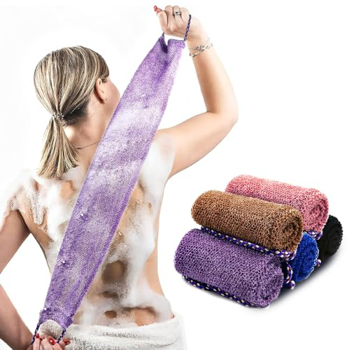 Pinkiou 5 Pièces Eponge Africaine Exfoliante, Gommage Gant de Toilette Exfoliant Double Face avec Poignées Brosse Exfoliante Douce et Rugueuse pour Exfoliant, violet+bleu+café+noir+rose