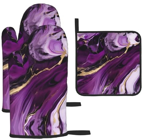 Dark Purple Texture Marble Print Oven Mitts and Pot Holders Set,Cooking Mitts,Cooking Mitts and Pot Holders,Oven Gloves Set