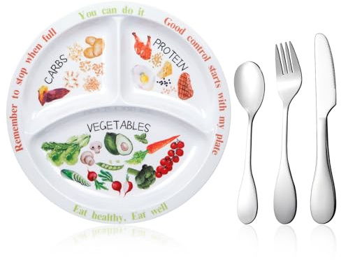 Lot de 4 assiettes de contrôle des portions bariatriques en acier inoxydable - Ensemble de couverts pour manger équilibré, perte de poids, décorations de service