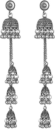 Pendientes de tuerca bohemios vintage Jhumka, borla larga con detalles oxidados, hipoalergénicos, joyería étnica tradicional de oro/plata, regalo para mujeres y niñas, Long, Metal, Sin piedra preciosa
