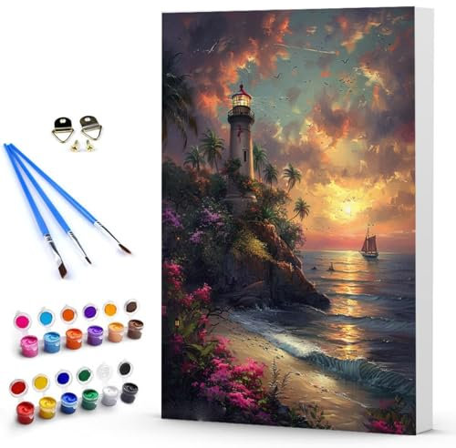 Malen Nach Zahlen Leuchtturm Segelboot Malen Nach Zahlen Kinde, Anfänger, Kreatives für Erwachsene Leinwand öLgemäld Kit, Mit 3 - Pinseln und Acrylfarbe, Home Deko Geschenk 30 x 40 cm -TL2503B6