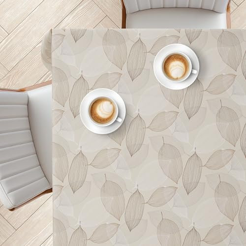 KP Home Beige Tischdecke Abwaschbar 200x140 cm, Rechteckig PVC Tischdecke mit Leinenoptik, Pflegeleicht & Wasserfest Abwischbare Wachstuchtischdecke – Für Innen- und Außenbereich, Braune weiße Blätter