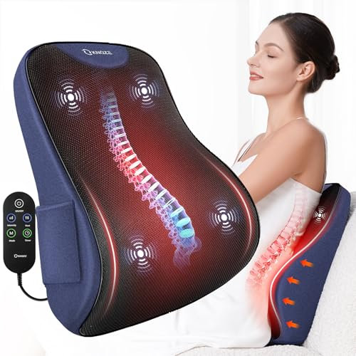 Lendenkissen mit Wärme & Vibration, Rückenkissen Auto für Bürostuhl, Massagegerät rücken elektrisch zur Schmerzlinderung, zu Hause Büro Auto Sofa, 3 Heizstufen & 3 Intensitäten, Geschenke - Blau