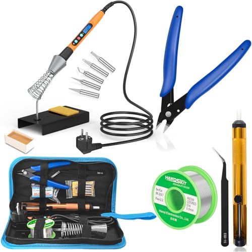HANDSKIT Lötkolben Set 90W LCD Temperaturregelbar 180–480°C Lötkolben mit 50g Lötzinn, 5 Lötspitzen, Lötkolbenhalter, Seitenschneider, Pinzette, Entlötpumpe und Lötkolophonium, Lötset für Reparaturen