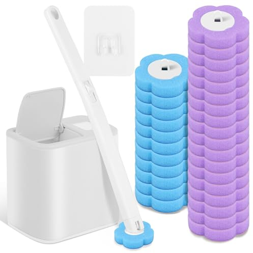 Juego de 30 cepillos de Inodoro Desechables con Limpiador Ultra higiénico, Rellenos de Esponja, de Inodoro con Soporte con Limpiador de Bordes, Limpiador para Lavabo, bañera (Blanco)