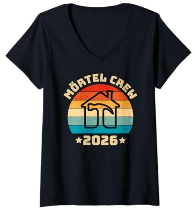 Damen Hausbau 2026, Mörtel Crew, Mauermörtel, Richtfest, Bauhelfer T-Shirt mit V-Ausschnitt