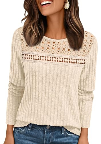 EIRUKON Jersey Mujer Casual Ligero Suéter Otoño Invierno Manga Larga Camiseta de Punto Cuello Redondo Basica Pullover Tops con Encaje,Beige,XXL