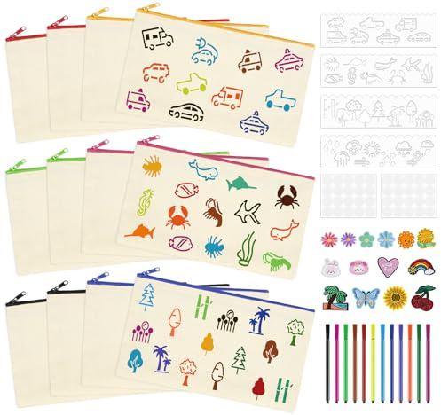 Mäppchen zum Bemalen, 12 Stück Stoffbeutel zum Bemalen mit 12 Buntstift, 4 DIY Malschablonen - 21x12 cm Mäppchen mit Reißverschluss und DIY Blanko Stoffbeutel für Kosmetiktasche, Kindergeburtstag