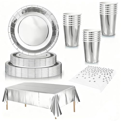 65 Pièces Party Vaisselle Kit pour 16 Invités, Vaisselles Jetables Argenté avec Assiettes Gobelets Serviettes en Papier Plastique Nappe pour Anniversaire de Fille, Noël,Mariages,Barbecues,Pique-niques