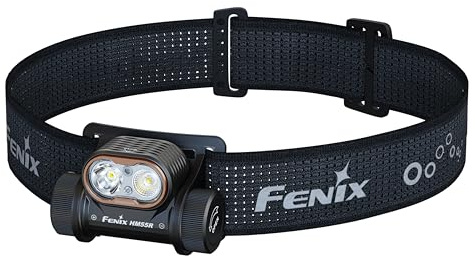 Fenix HM55R schwarze wiederaufladbare kompakte Outdoor-Stirnlampe | 1200 Lumen | 175 m | max. 141+ Stunden | weißer Spot und Flutlicht | 5 lm roter Strahl | Ein-Knopf-Bedienung | IP68