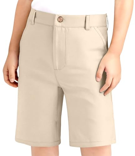 BFYSFBAIG Uniform Shorts for Boys Girls Adjustable Waist Stretch Flat Front Shorts for School Golf with Pockets Zipper Button Closure Chino Short (Khaki, 9-10 Years)