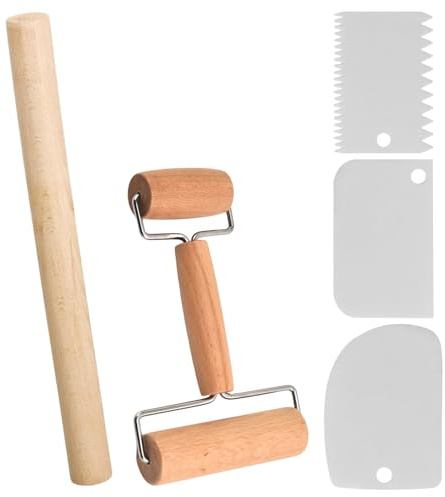RoxNvm Rolling Pin, 2 Pieces Wooden Rolling Pin for Baking, Pizza Roller Dough Roller with Plastic Dough Scraper, for Rolling Dough Pastas Pizza and Dumpling Skins (C)