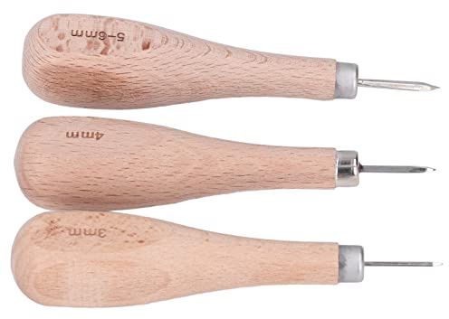 Naroote Punteruolo Antigraffio in Pelle con Manico in Legno da 3 Pezzi, Punzone in Pelle con Manico in Faggio, Punteruolo da Cucito in Legno con Impugnatura Ergonomica, Ideale per il Fai da Te Fatto