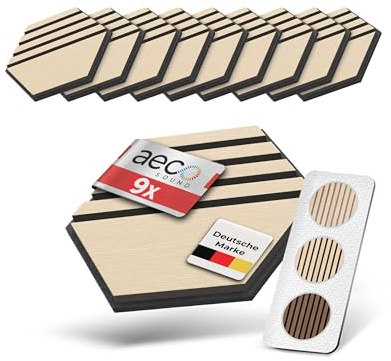 Aeco Sound® Akustikpaneele Holz - selbstklebend - Echtholz & Akustikfilz | 9 Stück - Hexagon Wandpaneele, Schalldämmung, Wandverkleidung - Eichenholz (hell) & extra dicker Akustikfilz (Schwarz)