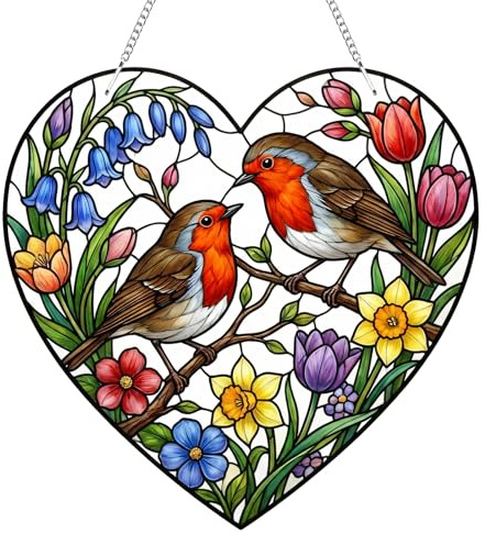 Romantic Heart Robin Suncatcher, Acrylic Stained Glass Style Robin Ornament Gift, Charming Flower Animal Sun Catcher for Windows, Window Hanging Decor for Home Office Shelf Wall Garden Balcony Ceiling