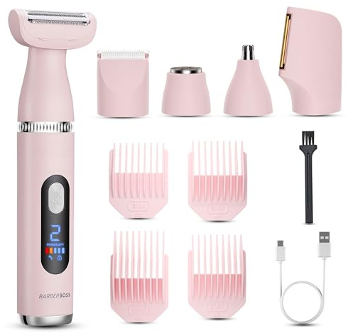BarberBoss Damtrimmer, Rakapparat med dubbla hastigheter för kvinnor, 4 kammar, Näsa- och örontrimmer, Ansikts, Kropps, Bikini och Ögonbrynstrimmer, 5-i-1 rakapparat för dam, QR-8052