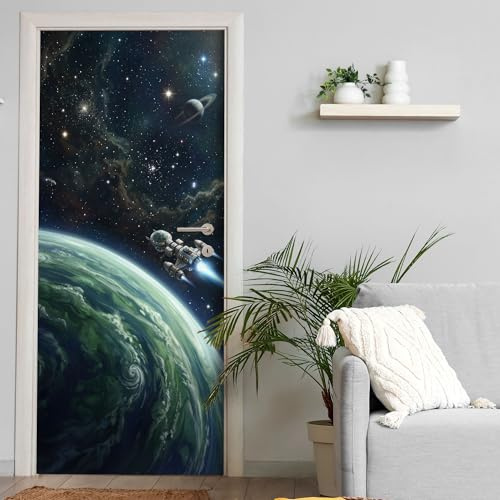 Türtapete selbstklebend | fürs Kinderzimmer | 200 x 90 cm Weltall Raumschiff Planeten | Tür Aufkleber Poster Türfolie | Einteilig | Wasserfest 3D Türaufkleber Wandtattoo Türposter Kinder Motiv