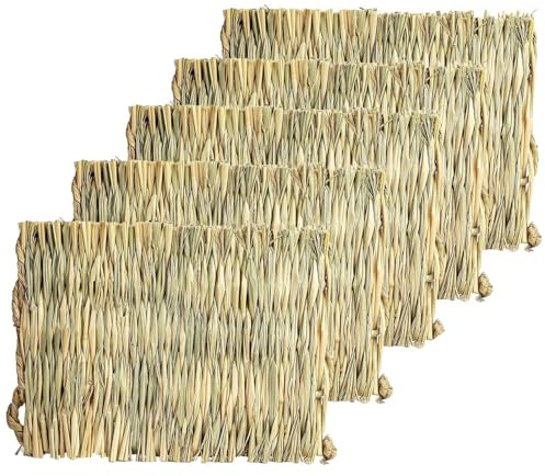 Oxxggkao Juego de 5 alfombrillas tejidas de paja natural para conejos, roedores, mascotas pequeñas, cómodas camas masticables, accesorios para jaula de mascotas, cama de hierba para hámster