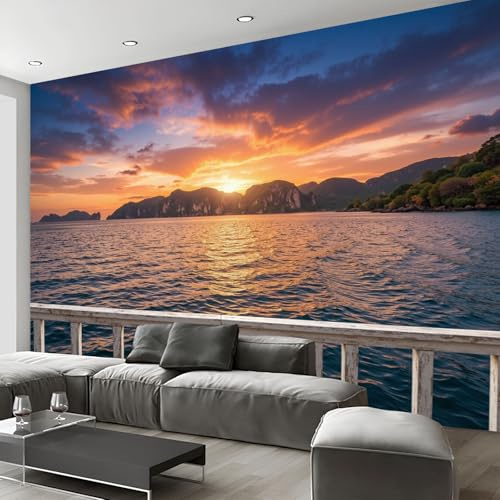 Papel Pintado Pared 3D Papel Tapiz 250x175cm Atardecer Mar Cumbres De Las Montañas Fotomurales TV Fondo Pared Dormitorio Murales Papels Tapiz Marina, Azul