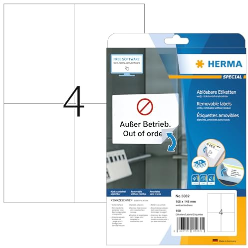 HERMA 5082 universella etiketter A4 avtagbart (105 x 148 mm, 25 ark, papper, matt) självhäftande, utskrivbara, avtagbara och återhäftande adressetiketter, 100 klistermärken, vit