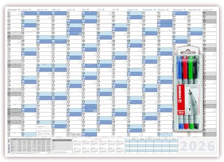 XXL Wandkalender DIN B1 2026 blau, nass abwischbar inkl. Stifteset Format 100 x 70cm Jahresplaner Wandplaner gerollt