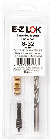 E-Z LOK 400-008 Threaded Inserts for Wood, Installation Kit, Brass, Includes 8-32 Knife Thread Inserts (10), Drill, Installation Tool