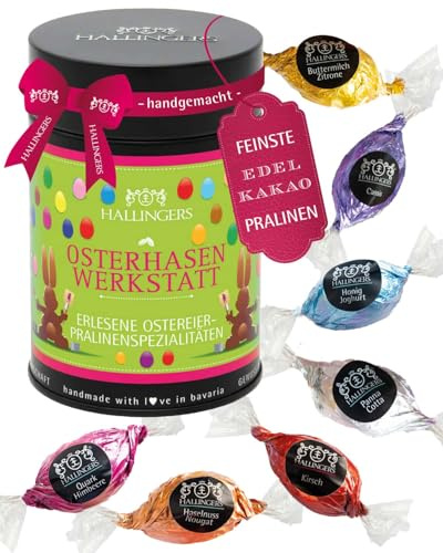 Hallingers Genuss Manufaktur Pralinen-Osterei Oster-Geschenk - ohne Alkohol, handmade aus Edelkakao in wertiger Geschenkdose Osterhasen Werk..., Ostern Körbchen für Frauen Männer