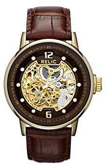 Relic by Fossil Men's Damon Gold Stainless Steel and Brown Croco Leather Band Automatic Watch, Analog, Automatic Mens Watch
