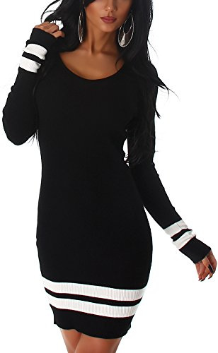 Jela London Damen Feinstrick Strickkleid Stretchkleid Pulloverkleid Longpullover Midi Feinripp Streifen Langarm, Schwarz 36-38